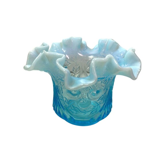 Vintage LG Wright Blue Glass Opalescent Raised Cherry Design Vase MCM 1960’s - Picture 2 of 11